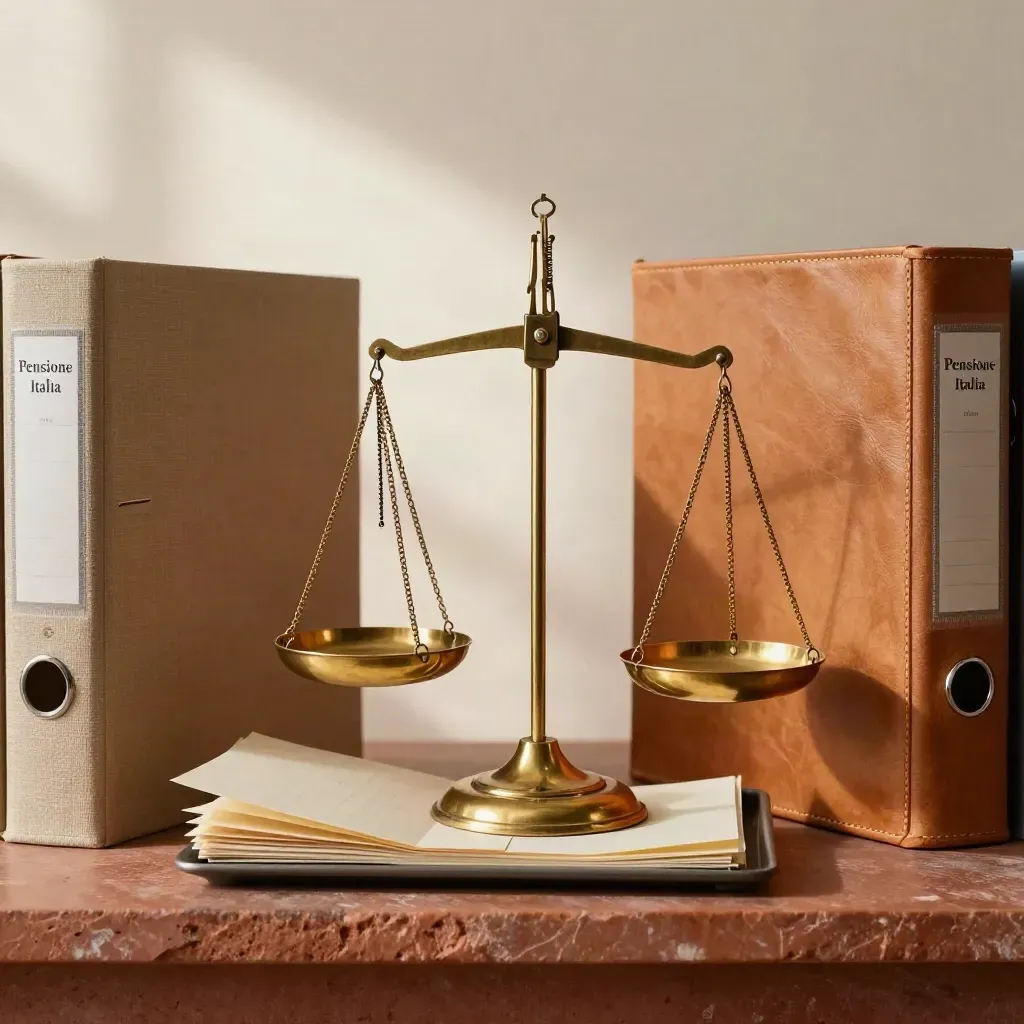 Bilancia in ottone tra due raccoglitori d’archivio, con vassoio contabile e luce soffusa.